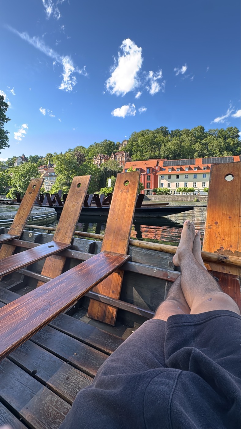 Relaxed view from the punt over the Tübingen hillside under a blue sky