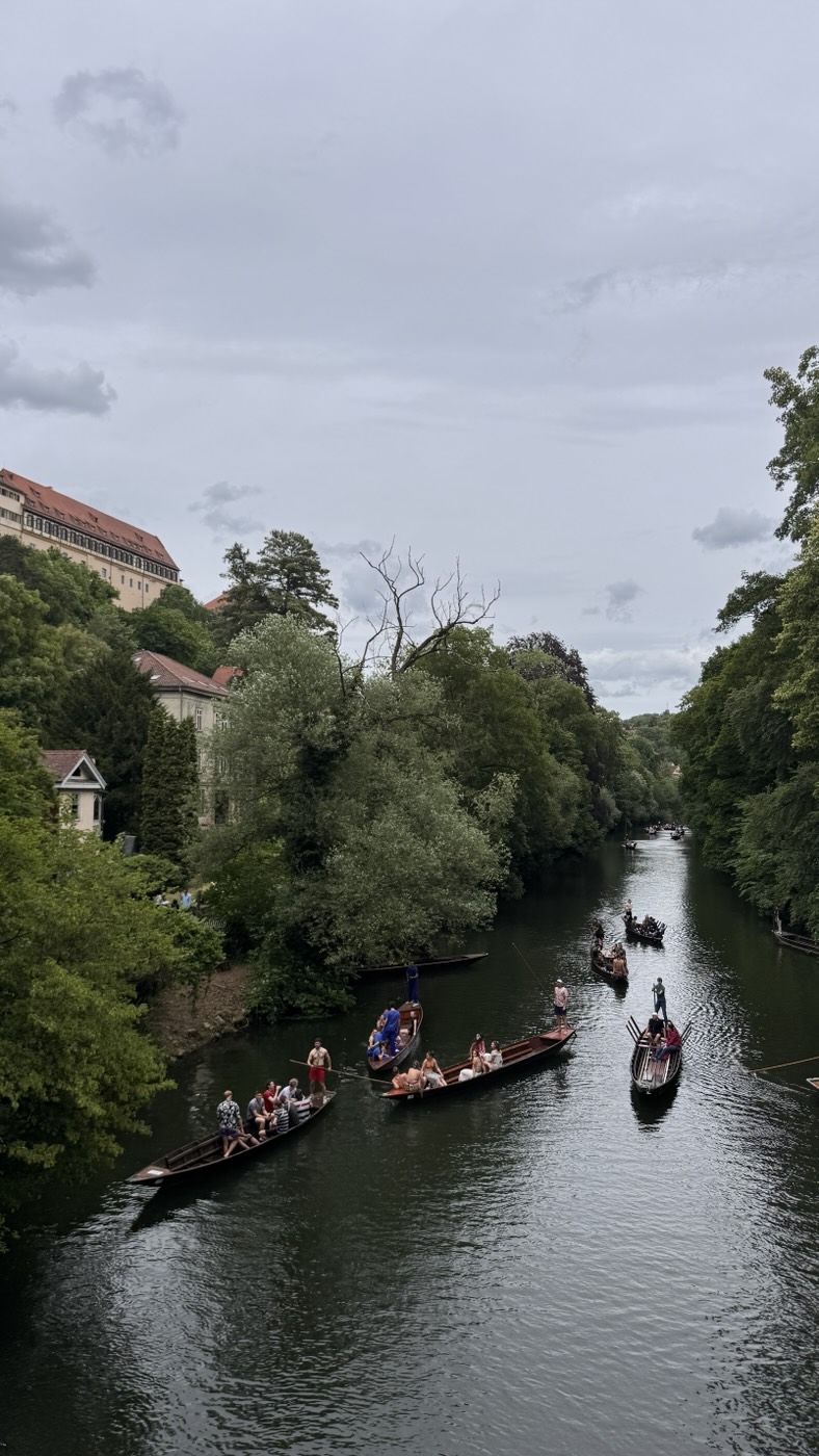 A quiet green branch of the Neckar with a punt in the distance